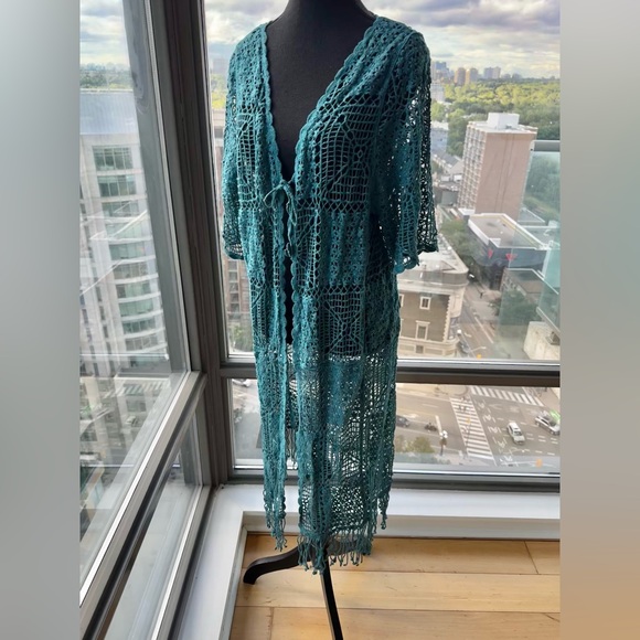 🆕 FARM Rio 🧿 NWOT Floral Crochet Tie Up Kimono, Teal - Sz M - Picture 5 of 16